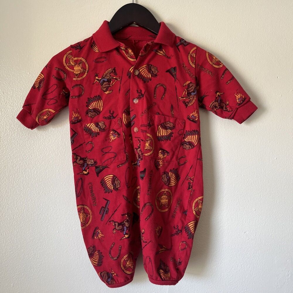 Vintage 90s Cowboys Indians Western Graphic Collared Romper- Size 6-12 Months